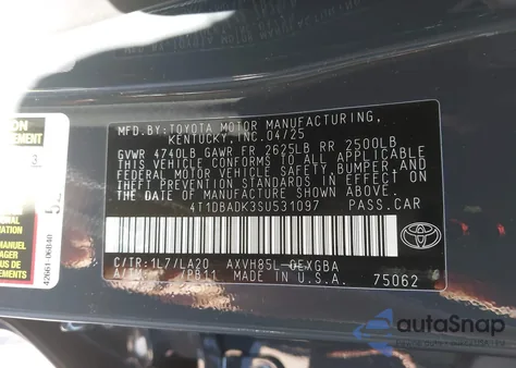 2025 Toyota Camry Xle из США, поврежденный, VIN 4T1DBADK3SU531097